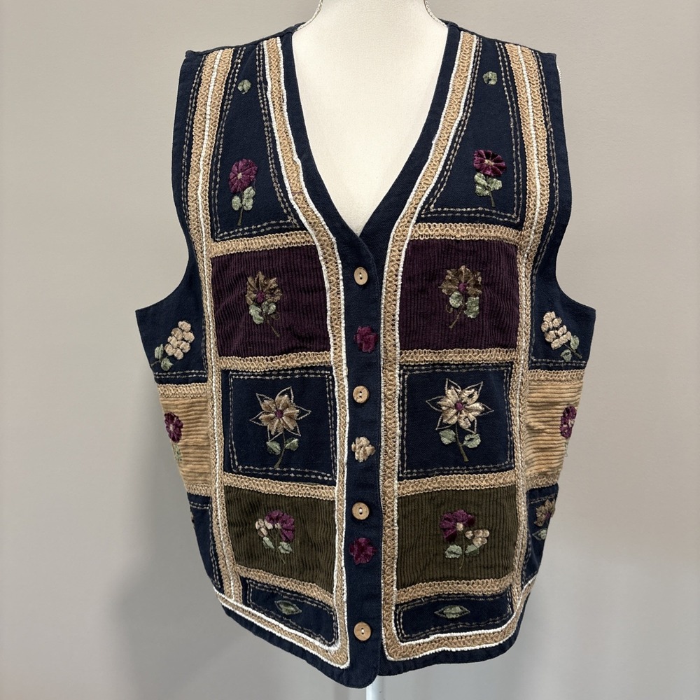 TanTrums Vintage Patchwork Embroidered Floral Vest Womens XL Blue Cotton